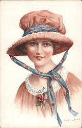 Woman with Pink Hat and Blue Scarf Postcard