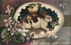 Easter Greetings, Chick & Bunny Hatching from Egg Postcard