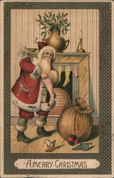 Santa Claus Filling Stockings by Fireplace, Merry Christmas Postcard Postcard Postcard