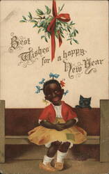 Black Americana, Girl with Cat, Happy New Year Ellen Clapsaddle Postcard Postcard Postcard