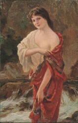 Woman by Waterfall with Red Shawl, Abel Boye Postcard