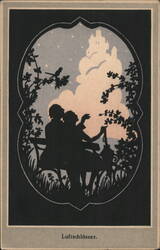 Couple on Bench Gazing at Castle in Clouds, Silhouettes Postcard