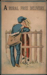 Rural Free Delivery Postman Kissing Woman at Fence Postcard