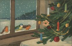 Christmas Tree, Birds at Window, Snowy Scene Postcard