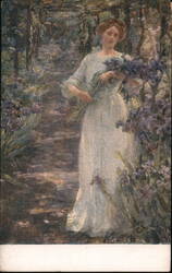 Woman in White Dress with Irises by Alessandro Milesi Postcard