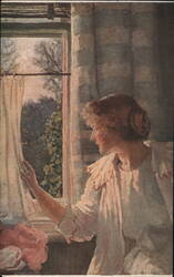 Young Woman at Window, Spring Sunshine Women M. E. Kindon Postcard Postcard Postcard