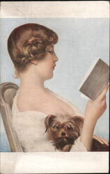 Woman Reading with Small Dog Postcard