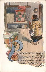 Czech Christmas Postcard, Child in Fur Coat, Stove, Cat Moravec Postcard Postcard Postcard