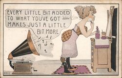 Woman at Vanity with Phonograph, Every Little Bit Added Comic, Funny Postcard Postcard Postcard