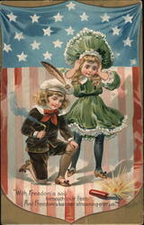 Two Children with Fireworks, Patriotic Fourth of July Postcard Postcard