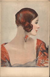 Woman with Red Hair and Red Dress, Profile Portrait Postcard