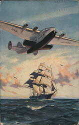 Pan Am Yankee Clipper Flying Boat over Clipper Sailing Ship Postcard