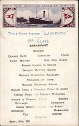 1911 SS Laurentic Menu 2nd Class Breakfast Menu White Star Line Boats, Ships Postcard Postcard Postcard