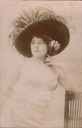 Sepia Nude Woman in Feathered Hat Postcard