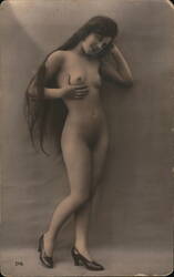 Vintage French Nude Postcard, Woman with Long Hair, Heels Postcard