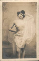 French Risque Postcard, Nude Woman with Scarf Postcard