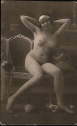 French RPPC Nude Woman on Chaise Lounge Roses LD 125 Postcard