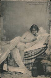 Woman Reading in Bed, Antique German Postcard Postcard