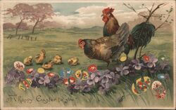 Happy Easter Chicks, Hen & Rooster, Violets & Eggs Postcard