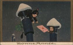 Bonne Année, New Year's Postcard, Children Exchanging Letter Postcard