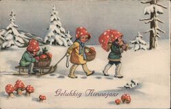 Three Dutch Children with Toadstool Hats Sledding in Snow, Gelukkig Nieuwjaar Postcard