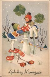 Two Dutch Children with Ladybugs and Toadstools, Gelukkig Nieuwjaar Postcard