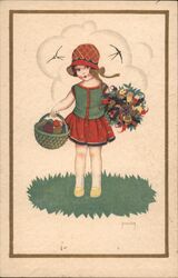 Little Girl with Basket and Flowers, Vintage Postcard Postcard