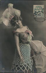 Woman with Beaded Dress and Parasol Postcard