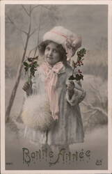 Bonne Année, Girl with Holly Sprigs Children Postcard Postcard Postcard