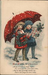 Children with Gifts Under Umbrella, Best Wishes for Christmas Postcard