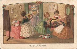 Chez la modiste - Girls trying on hats in a millinery shop Pauli Ebner Postcard Postcard Postcard