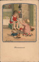 Two Children Playing with Toys and Bubbles Postcard