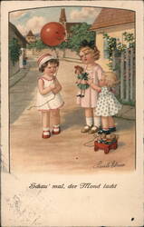 Three Girls, One with Balloon, Two with Dolls, Pauli Ebner Postcard