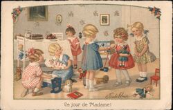 Le jour de Madame! Children Playing with Toys Postcard