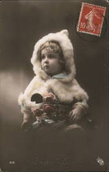 Bonne Année, Child in Fur Hood & Cape Holding Roses Children Postcard Postcard Postcard