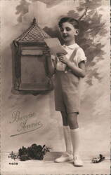 Boy Reading Letter by Mailbox, Bonne Année Postcard