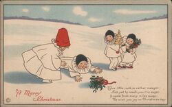 Three Pierrot Clowns in the Snow, Vintage Christmas Postcard Children Postcard Postcard