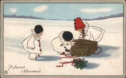 Three Children in Pierrot Costumes with Christmas Gift Basket Postcard Postcard Postcard