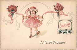 Little Girl in Pink Dress with Flowers, Happy Birthday Postcard