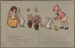 Easter Thoughts, Children with Rabbits, Chicks and Flowers Postcard