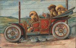 Three Chicks in Antique Car, Easter Greetings With Chicks Postcard Postcard Postcard