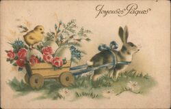 Joyeuses Pâques - Easter Bunny Pulling Cart with Chick, Eggs, Flowers Postcard