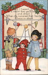 Three Children Looking at Christmas Toys in Shop Window Postcard Postcard Postcard