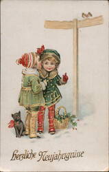 Children with Dog, New Year's Postcard Postcard