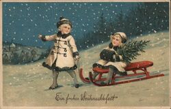 Antique German Christmas Postcard, Children with Sled and Tree Postcard Postcard