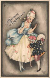 Happy Birthday, Antique French Postcard, Girl & Boy in Period Costume Postcard