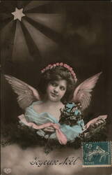 Joyeux Noël, Christmas Angel with Flowers, Star Postcard