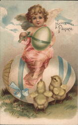 Cherubic Angel on Giant Easter Egg with Chicks With Angels Ellen Clapsaddle Postcard Postcard Postcard