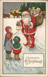 Santa Claus with Lantern, Children, Reindeer, Sleigh, A Joyful Christmas Postcard Postcard Postcard