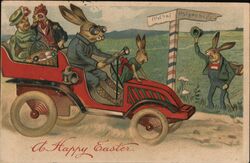 Happy Easter - Rabbits, Chicken in Antique Car, Comic Postcard